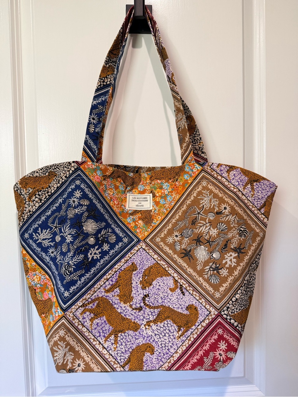 Sézane x Inoui Editions Patchwork Floral & Animal Print Tote Bag in Brown Multi